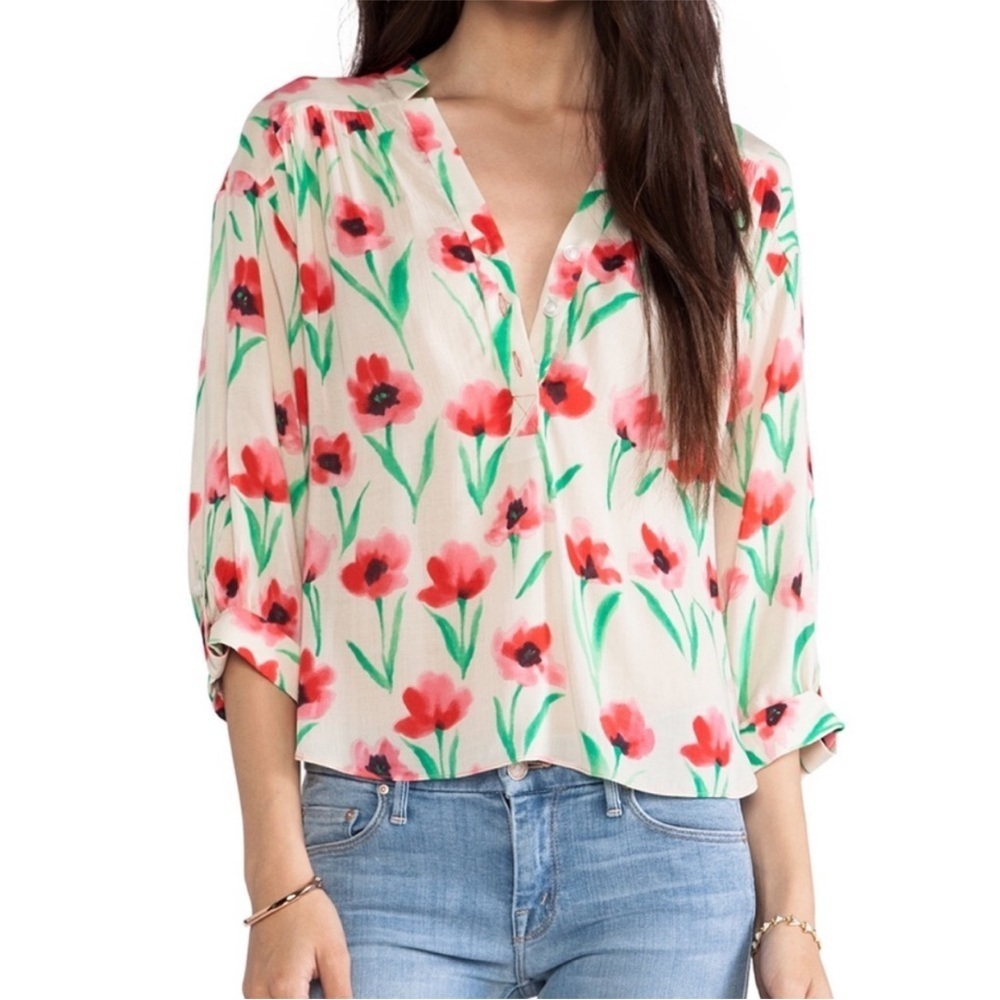 MILLY Poppy Print Camilla Tab Sleeve Blouse Size 4